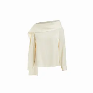 Cider Satin Asymmetrical Neck Long Sleeve Blouse With Scarf Beige Basic Dealsforyou