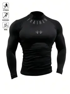 Men's Trainer Graphic Compression Turtleneck Shirt, Long Sleeve Workout Baselayer for Fitness, Running, Riding, Sporty Fitted Design