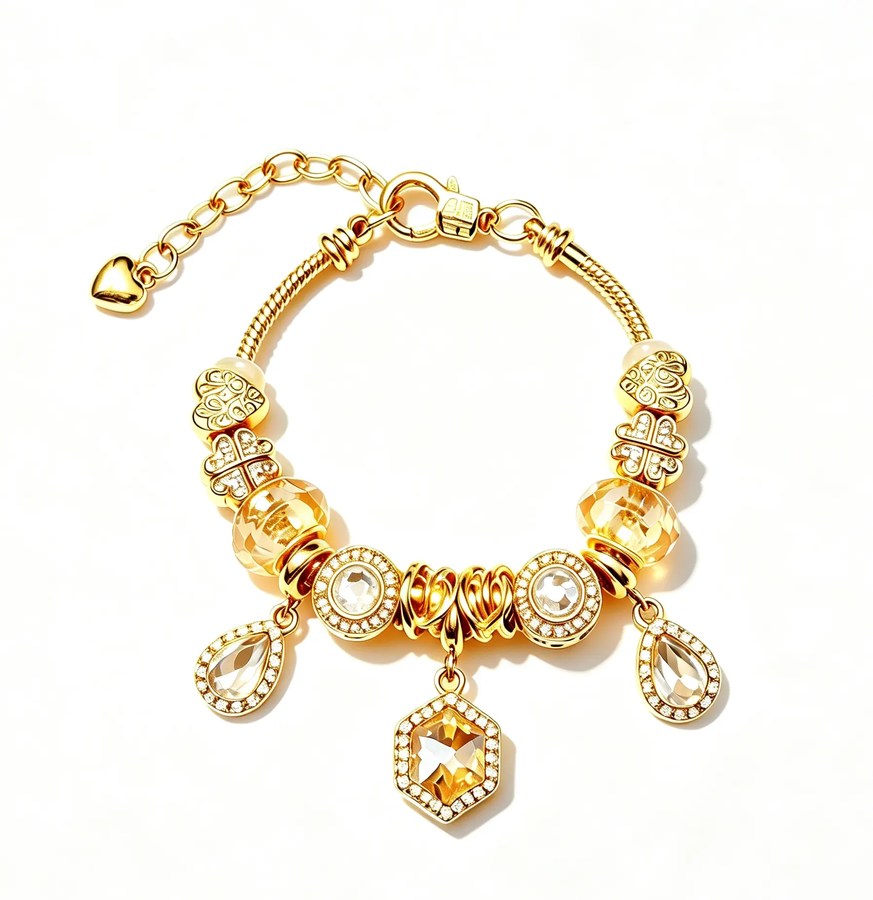 Luxury Champagne Gold Hexagon Charm Bracelet, Gold-Tone Snake Chain with Clover & Teardrop Zircon Beads, Adjustable Elegant Jewelry for Women