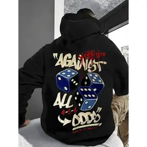 Men's Heavyweight Hoodie - All-Season Streetwear Pullover with Against Odds Graphic, Black Hooded Sweatshirt for Gaming Nights & Casual Attire (Machine Washable), Essential Hoodie, Urban Fashion, Edgy Aesthetic, Comfortable Fit, Fashion Enthusiasts