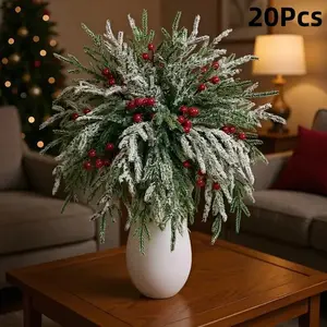20pcs Artificial Norfolk Pine Branches with Fruits, Christmas Plants for Vase Filling, DIY Craft Wreath, Holiday Decorations, Indoor Plants Decor