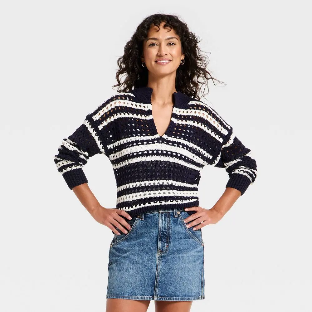 Women's Ribbed Openwork V-Neck Striped Cotton Pullover Sweater - Stylish Fabric Garment for Universal Wear