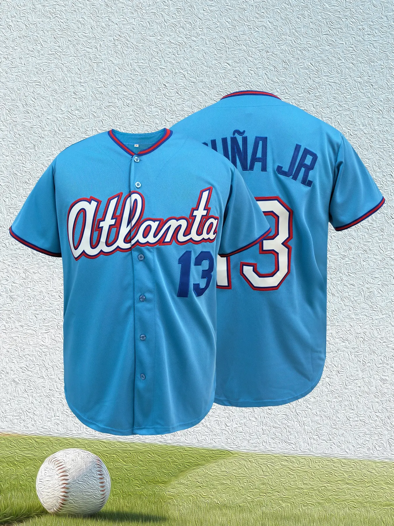Men's Atlanta 13 Baseball Jersey, Casual Sports Jersey, Light Blue Full Stitched Button-Up Shirt,Unisex Premium Sports Uniform, Casual Sports Top