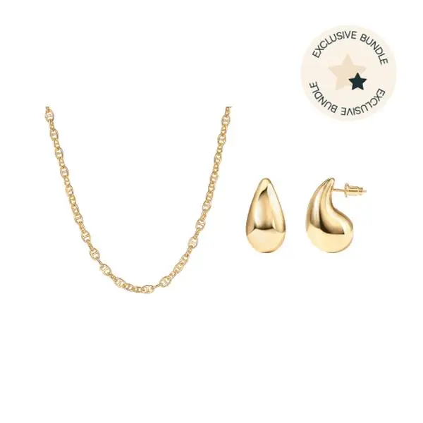 PAVOI 14K Yellow Gold Plated Teardrop Chunky Hoop Earrings and Anchor Chain Necklace - TikTok Exclusive Set