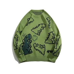Cartoon dinosaur pattern knit sweater, men's casual warm slightly elastic round neck pullover sweater for autumn and winter