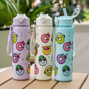 Cute Donut Cartoon Print Water Cup, Large Capacity Portable Straw Cup, Leak-Proof Reusable Plastic Bottle, Water Bottles, 700ML Eco-Friendly Alternative