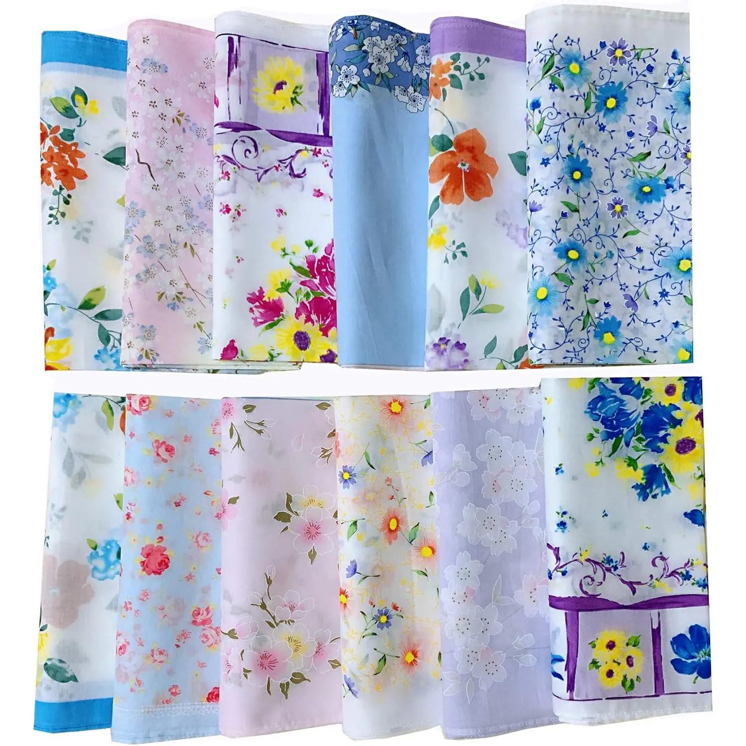 Female 100% Cotton Floral Handkerchiefs with Flowers - 12in x 12in Multi-Size Option, Machine Washable, High-Quality Brand-New Home Supplies Wedding Handkerchiefs
