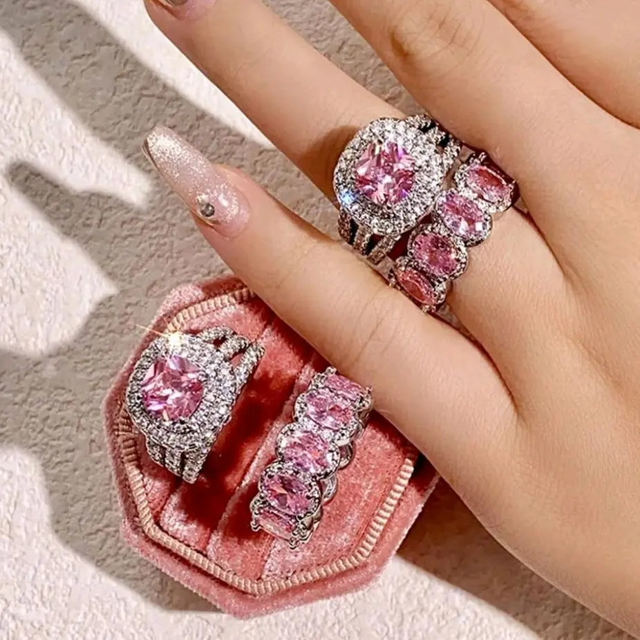 925 Sterling Silver Shiny Full Diamond Gemstone Ring 2Pcs 18K Gold Pink Cubic Zirconia Promise Rings CZ Bride Diamond Multi Row Ring Eternity Engagement Wedding Party Band Ring Sets