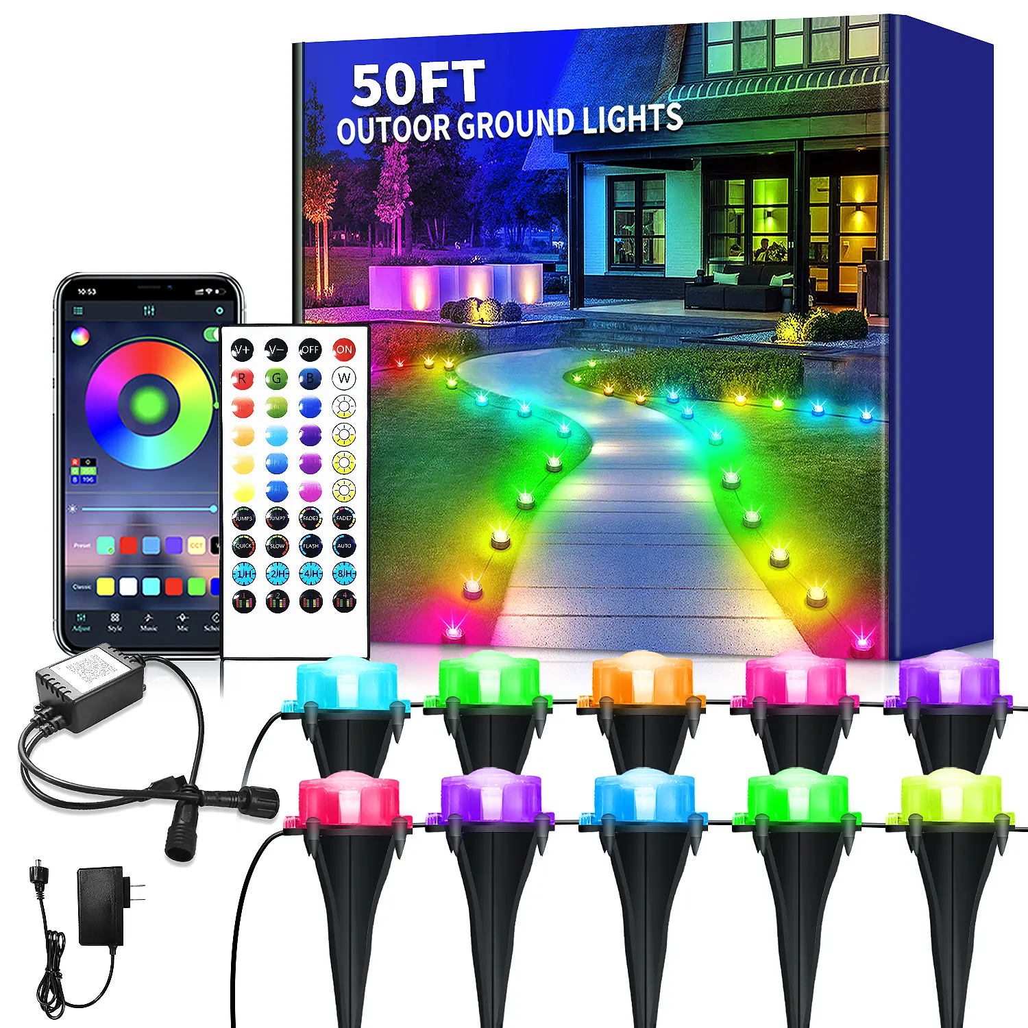 RGB Outdoor Ground Lights - Waterproof LED Outdoor Color-Changing Pathway Lights, IP67 Waterproof, Wired, 3.3ft Spacing, Remote & App Control for Garden Yd Halloween Holiday Party Decor