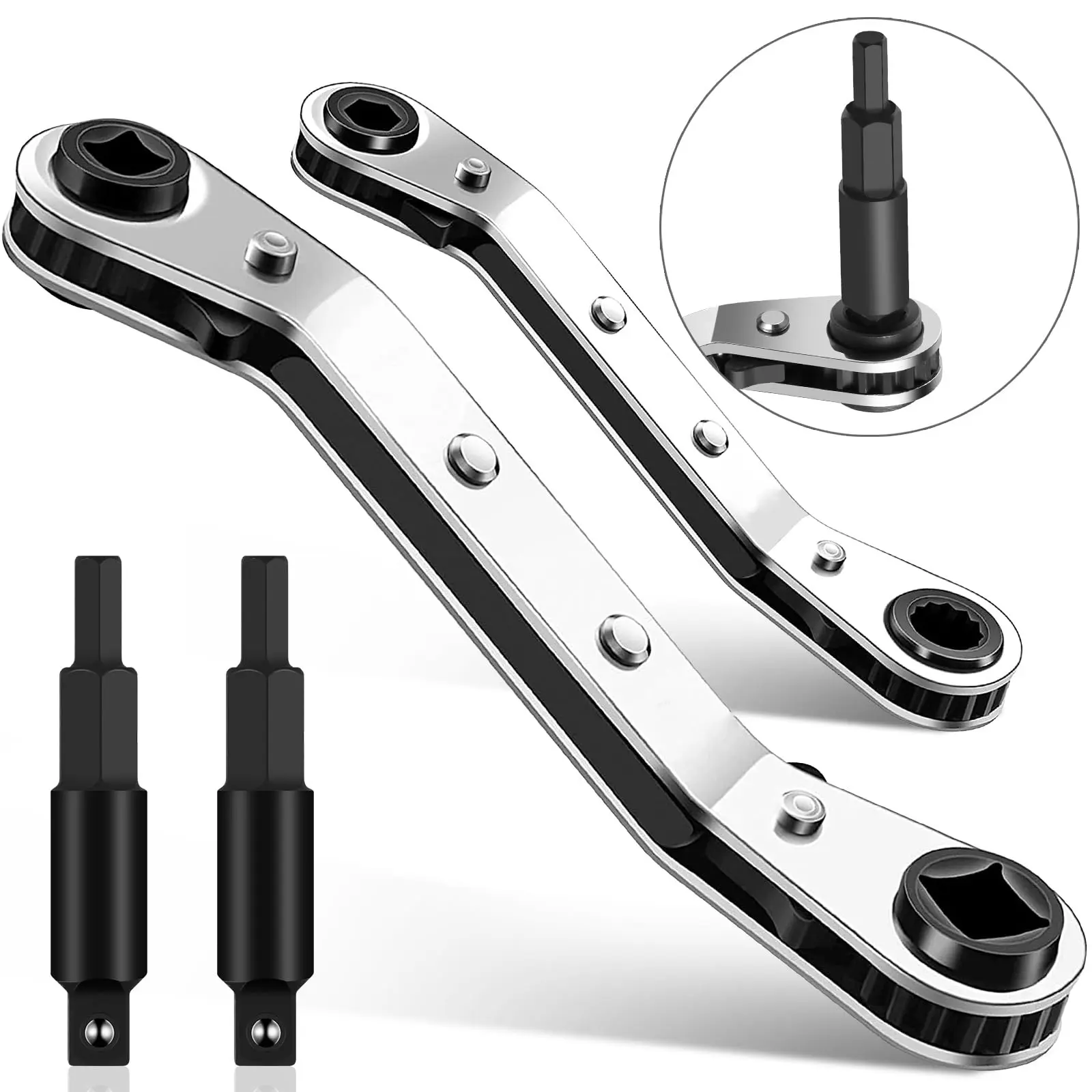 Alloy Steel Heavy Duty Multifunctional Power Ratcheting Wrench Tool Set - 2 Wrench + 2 Hexagon Bit Adapters, Quick Flip Lever, Arc Design, Multi-Sizes (3/16"-3/8", 5/16"x1/4") for Air Conditioning Repair, Heavy Duty Ratchets, Multifunctional Ratchet Wrenc