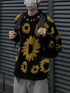 Men's Floral Print Round Neck Sweater, Loose Casual Long Sleeve Crew Neck Jumper for Fall & Winter, Fashion Men's Knitwear for Daily Wear