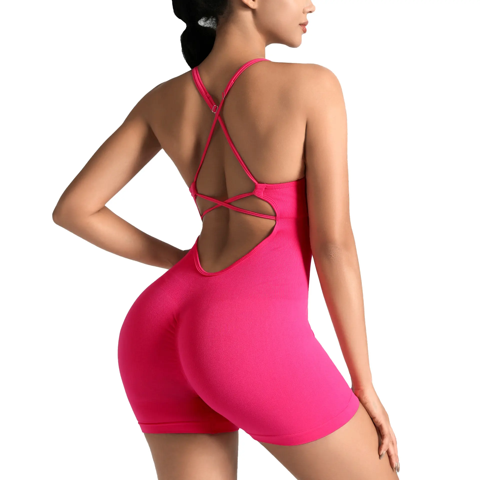 Women's Popular Seamless Strap One-Piece Fitness Suit, Sexy Crisscross Open Back Design, High Elastic Peach Hip Lifting Bodysuit, Tight Slim Activewear for Yoga, Gym, Outdoor Sports & Daily Workout