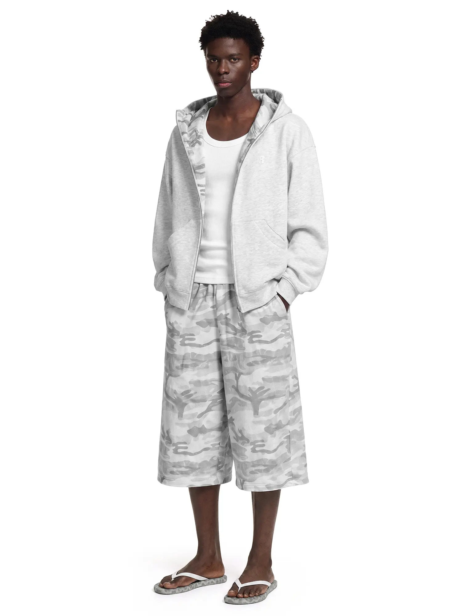 FDR Gray Camo Patchwork Zip-Up Hoodie & Distressed 3/4 Length Pants Set, Unisex Oversized Relaxed Fit Two-Piece Outfit, Women's Baggy Bottom Capri Y2K Streetwear for Everyday Casual Styling#TikTokShopBackToSchool