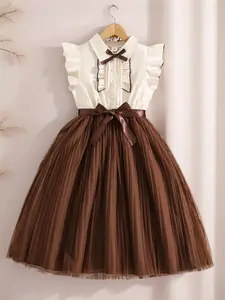 Girls' Bow-Embellished Flared Sleeve Dress, Stylish Sweet Look for Daily Parties, Cute and Trendy Design with Collar, Collared Button Dress