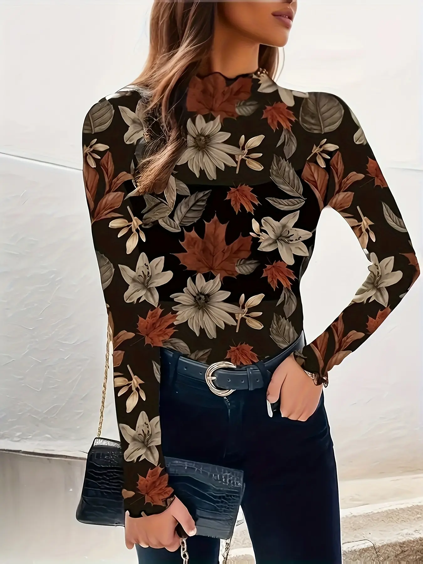 Sexy Fashion Hollow Out Mesh Floral Print Long Sleeve Women's Top, Summer, Fit, Womenswear, Perfect for Home Wear & Vacation, Stylish Casual Clothing, Knit, Boho Cottagecore Blouse