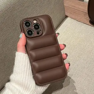 Luxury Down Jacket fine hole silicon case for iPhone 16 15 14 13 12 11 XR XS Pro Max Plus soft protection phone cover for winter Screen Protector Protective Cellphone Casing Smartphone Shockproof Black