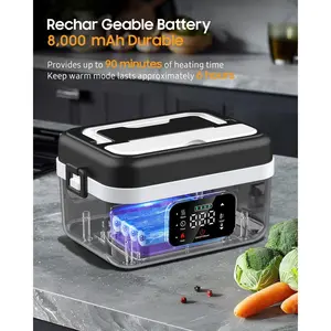 Cordless electric lunch box with built-in 8000mAh battery, rechargeable self-heating adult lunch box, 1-liter stainless steel portable heated lunch box with food warmer and timer, suitable for travel, truck drivers, and office use