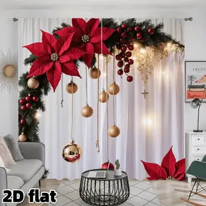 2D Flat 2Pcs Festive Poinsettia Print Curtains Holiday Themed Rod Pocket Design Christmas Decorative Red Gold Ornaments Light Filtering Polyester Panel Suitable for Living Room Bedroom Kitchen Window Treatment Anti Privacy