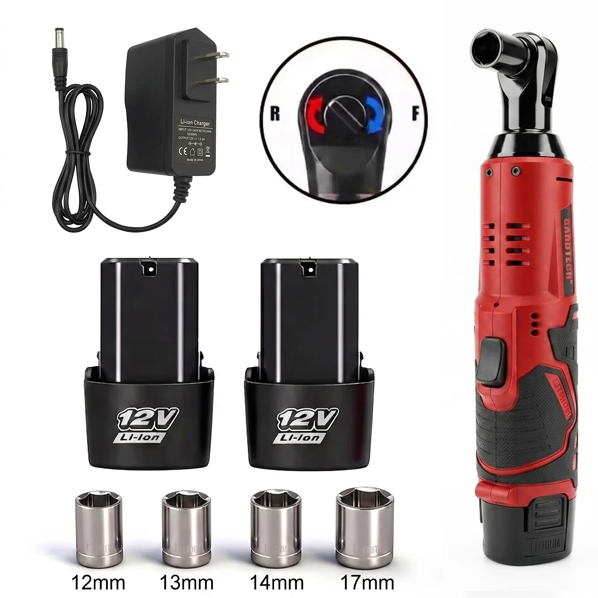 12V DC Cordless Right Angle High Torque Wrench - 40nm Heavy Duty Electric Ratchet Socket Wrench Set, 2 x 2000mAh Batteries, Built-in LED Light, 240rpm ±10%, 0.69kg Time-Saving Auto Repair Cordless Power Tool, Cordless Power Tools