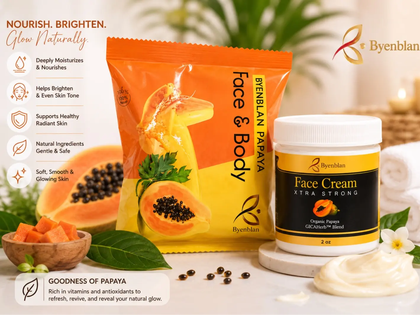 Slande Boutique BYENBLAN Daily Moisturizing 2-Piece Papaya Xtra Strong Body Care Set - 2 oz Face Cream, 7 oz Face & Body Soap