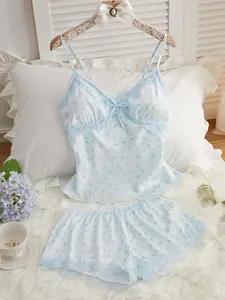 Women's Ditsy Floral Print Contrast Lace Pyjama Two-Piece Set, Chic Comfy Bow Decor Cami Top & Elastic Waist Shorts PJ Set, Women's Sleepwear for All Seasons