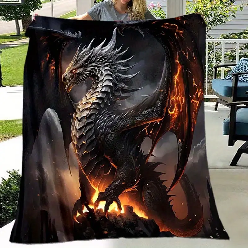 Ultra-Soft 3D Black Dragon Print Flannel Blanket - Vibrant Fantasy Design with Fiery Effects, Perfect for Bed, Sofa, Office & AC Comfort, All-Season Use, Dragon Decor