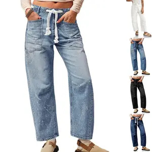Danedvi Women's Lady Barrel Leg Jeans - Baggy Distressed Vintage Style, Oversized Wide Leg with Drawstring, Comfortable Retro Denim Bottoms with Front Pockets