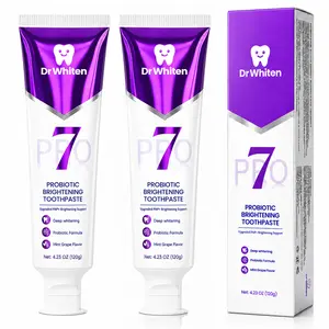 DrWhiten New 7-Pro Brightening Toothpaste, Purple Toothpaste Neutralizes Yellow Tones, 7-Probiotic Fluoride-Free Safe Formula, Mint Grape Flavor, Long-Lasting Fresh Breath