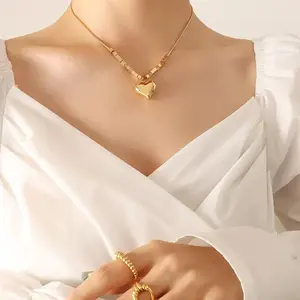 LisiZen Gold Heart Bead Snake Chain Necklace for Women, Chic Square Pendant Design, Trendy Fashion Jewelry Accessory DZXL3675 SpringStatements