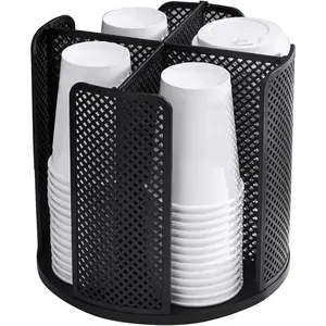Cup and Lid Holder, 360? Rotatable Coffee Cup Dispenser with 4 Compartment, Black Cup and Lid Organizer for Countertop, Breakroom, Bathroom, Coffee Station, Bar, Buffet, Kitchen Cabinet