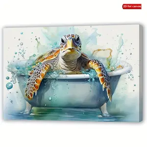 Fun Bathtub Turtle Canvas Print, Vivid Wall Art Decoration, Suitable for Living Room Bedroom Kitchen, Holiday Gift Creative, Size 11.8x15.7 Inches