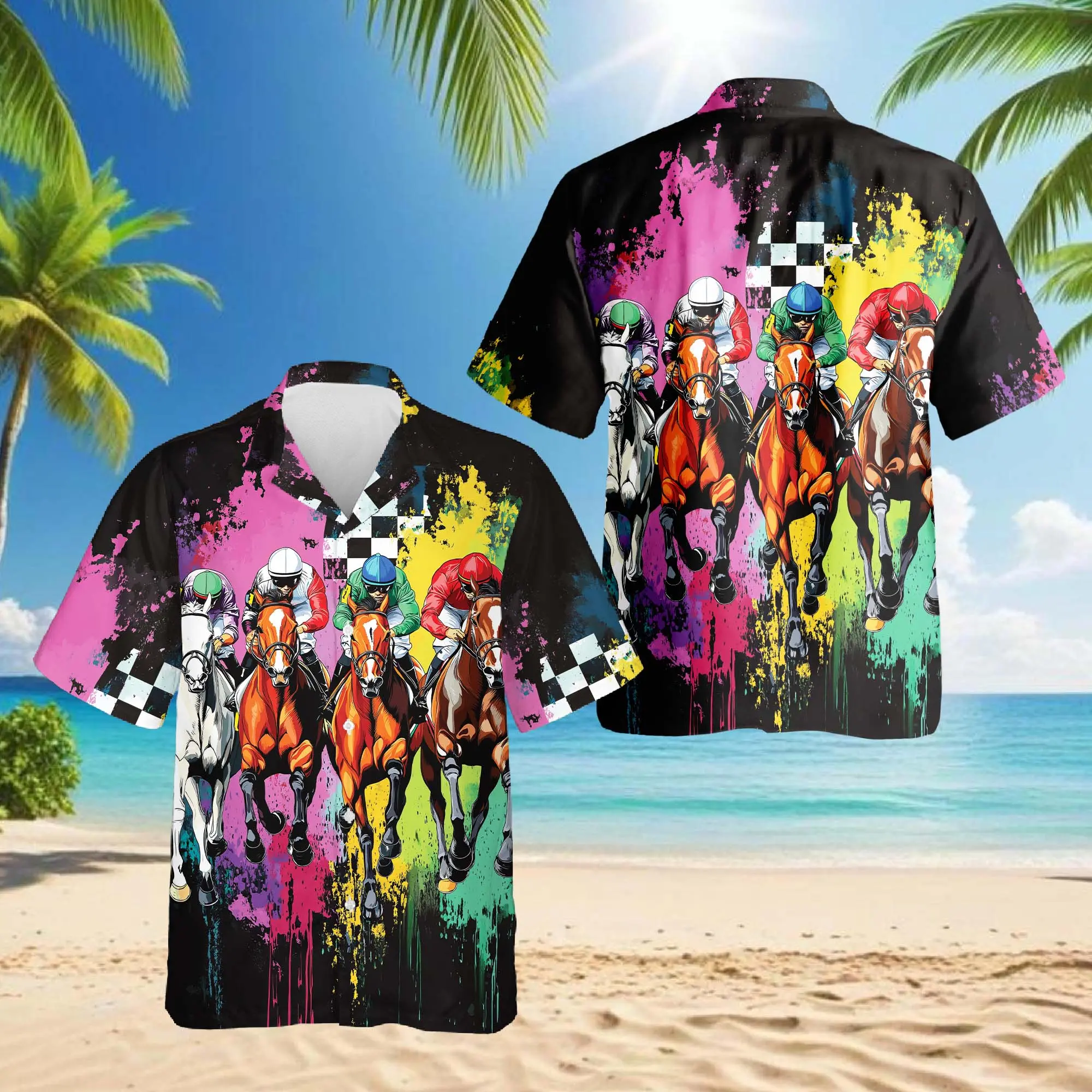 Kentucky Derby Hawaiian Shirt, Horse Racing Floral Aloha Shirt, Derby Party Outfit for Men, Button Down Short Sleeve Pattern Hawaiian Shirt