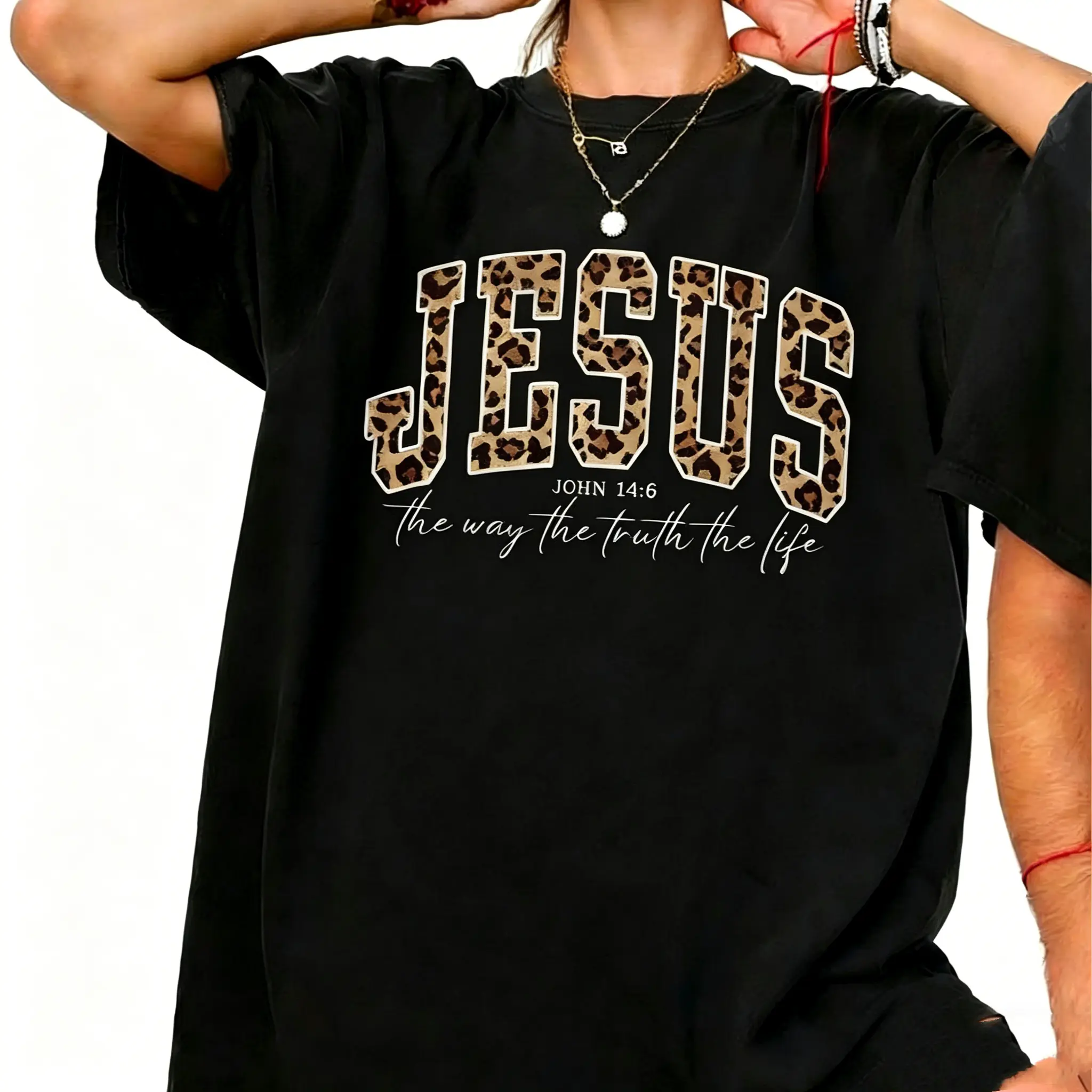 Women's Oversized Christian T-Shirt with a Geometric Cheetah Print Cross, Casual Faith-Based 'The Way The Truth The Life' Graphic Apparel, Tshirt, Christian Style, Faith-Based Fashion, Geometric Blessed Print Women's T-Shirts, Piece, Lady, Everyday, State