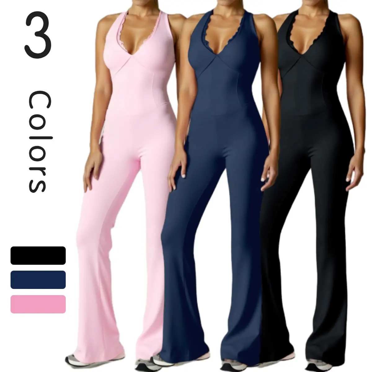 Women's Soft Activewear Halter V-Neck Sleeveless Jumpsuit - Backless, Solid Color, Skinny Leg Unitard with Lift Detail, Polyester-Elastane Blend Knit Fabric for Workout, Fitness, Style, Jumpsuits For Women, Full Body Jumpsuit