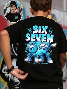 Kids' "SIX SEVEN" Number Cartoon T-Shirt, Funny Graphic Tees, Street Fashion Lightning Print Loose Short Sleeve Top for Boys