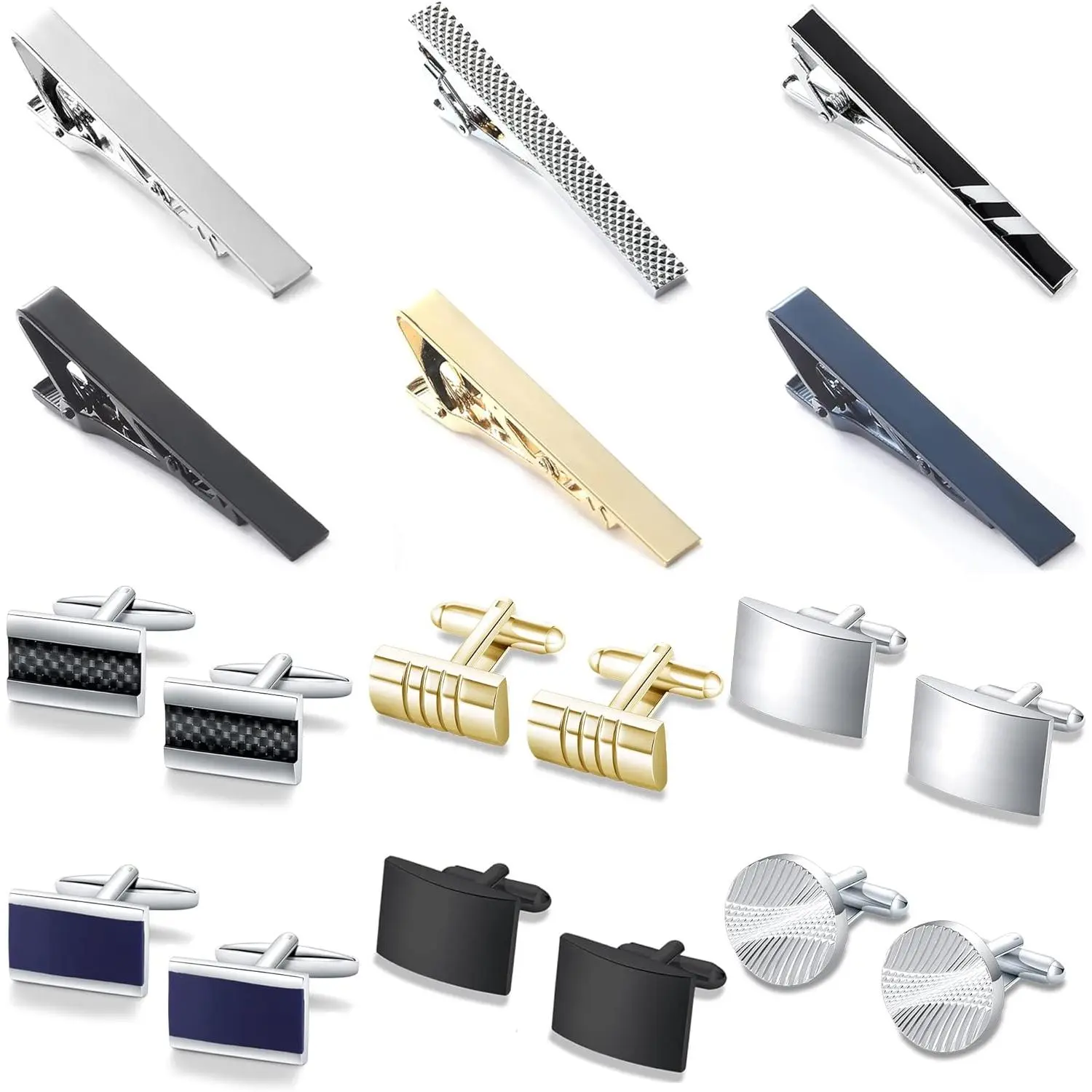 12-Piece Classic Brass Cufflinks & Tie Clip Set with Initial Engraving for Male Styling, Gift for Wedding, Birthday, Father's Day
