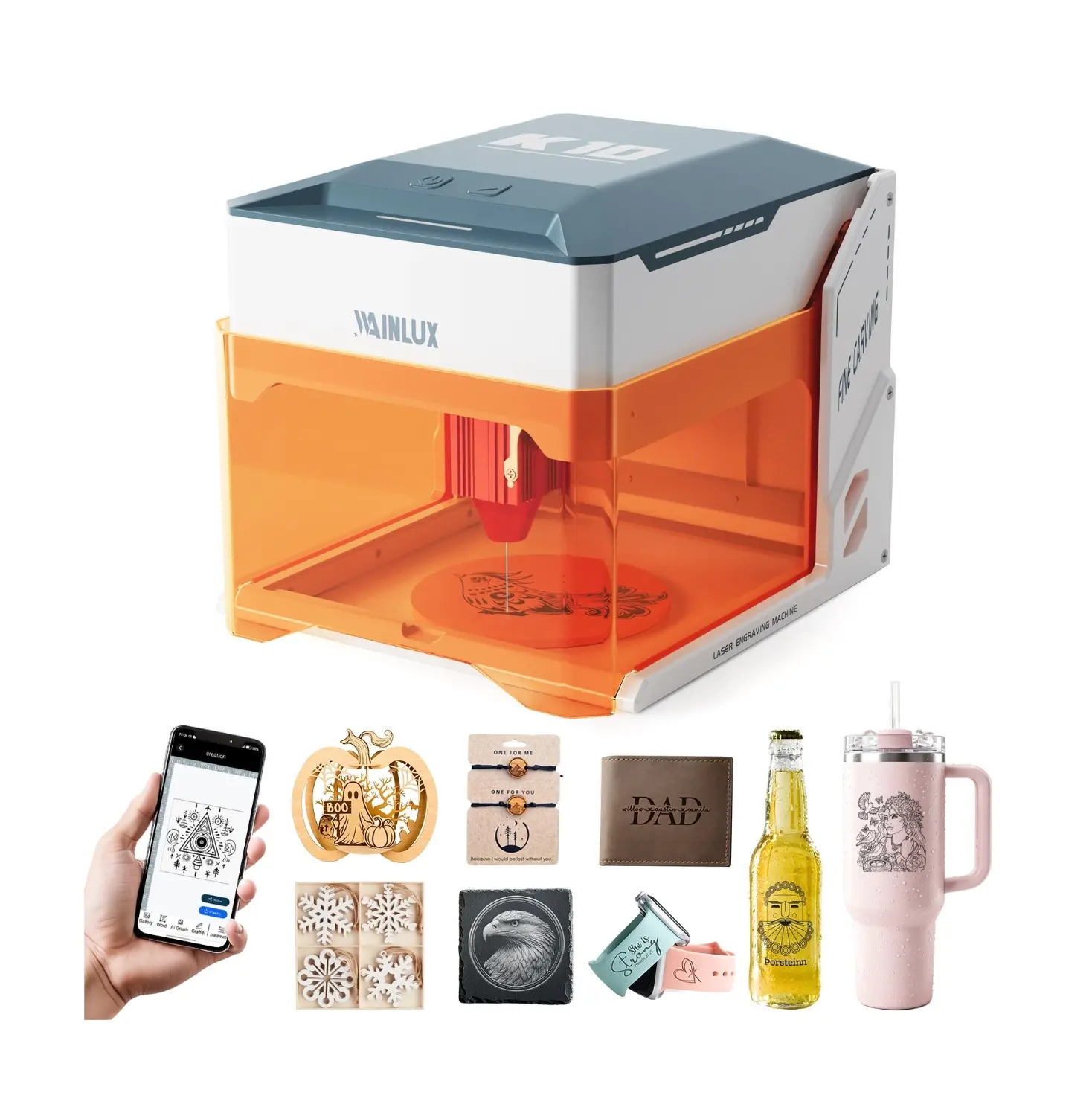 WAINLUX K10 Portable Laser Engraver 5W Edition Laser Engraving Machine Compact Design Plug & Play  Beginner-friendly  for DIY Project Custom Gift Festive Decor Maker Small Business