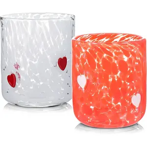 2 Pcs Valentines Day Icon Juice Glasses, 14 oz Heart Themed Cute Glass Cups, Handblown Stemless Anthropology Glass Cups Drinkware for Party Supplies Gifts