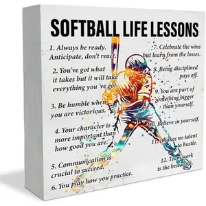 Softball Decor Wooden Box Sign, Baseball Players Sport Sign, Motivational Softball Life Lessons Wood Plaque Sign for Home Boy Room Shelf Table 5x5 inch