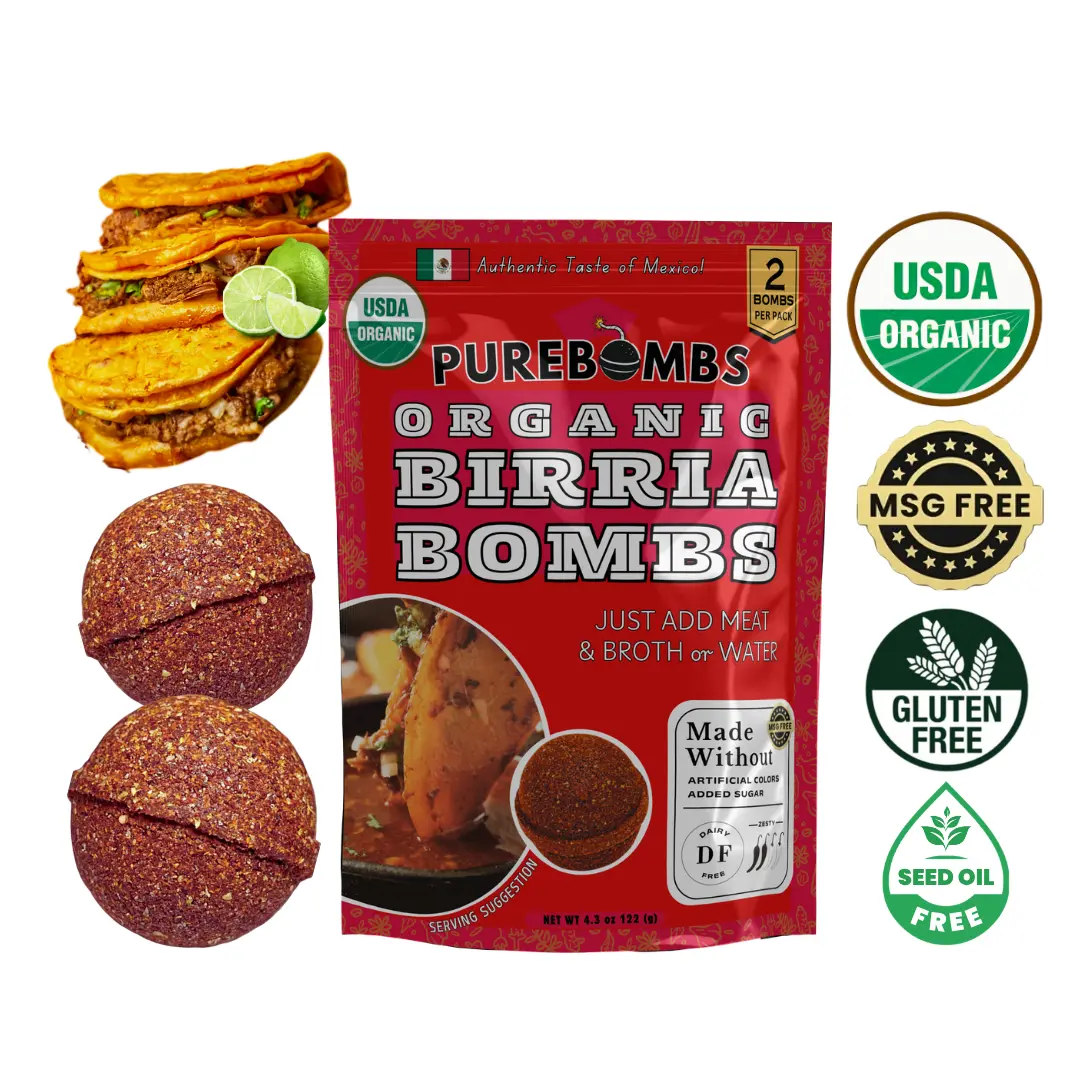 PUREBOMBS Certified Organic Birria Bomb Seasoning Mix (2-Piece Set) - Authentic Mexican Spice Mix with Real Chiles, Herbs, Low Sodium, 18-20 Servings for Tacos, Burritos, Birria Bombs