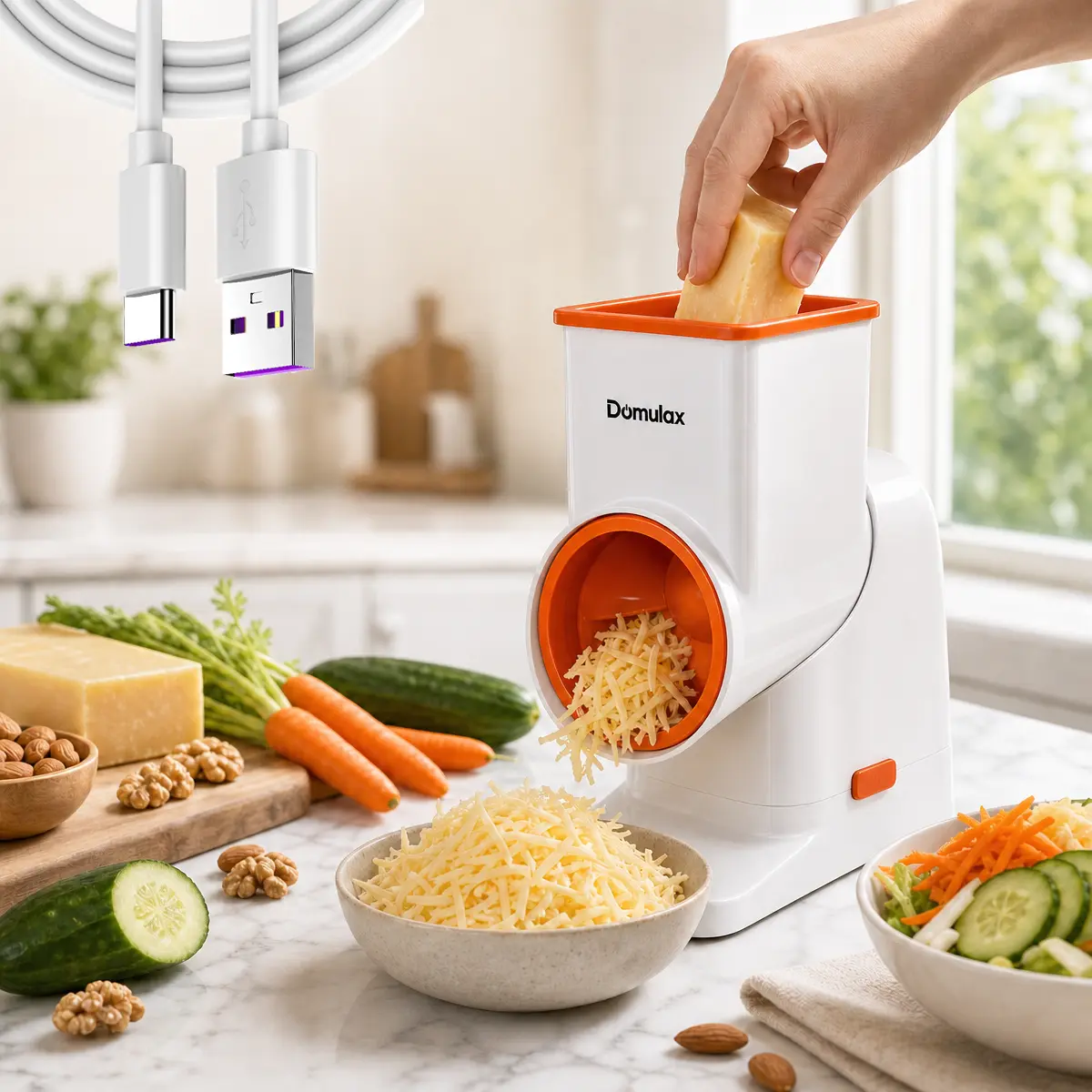 Wireless Rechargeable Electric Cheese Grater - Type-C Charging, 4 Stainless Steel Blades, Grates Cheese, Shreds Slices Veggies for Hash Browns, Salad Prep (Household Kitchen Specialty Appliance)