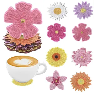Flower Shaped Pattern Wooden Coaster, 8 Counts/set DIY Diamond Arts Colorful Painting Kit Coaster, Diamond Painting Coasters, Decorative Table Mat for Coffee Cup, Office, Kitchen and Restaurant