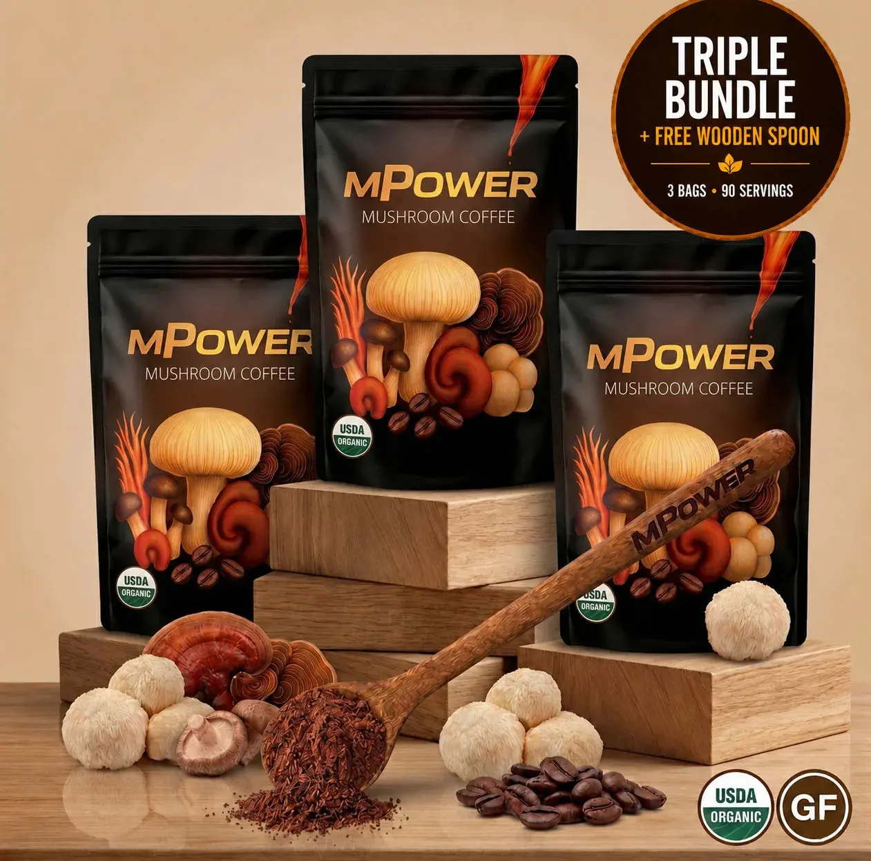 FuelMPOWER USDA Organic Mushroom Coffee Bundle (3 Bags) with Functional Mushrooms, MCT Oil & Coconut Milk – Smooth Energy, Focus & Mental Clarity – Includes Free Wooden Spoon