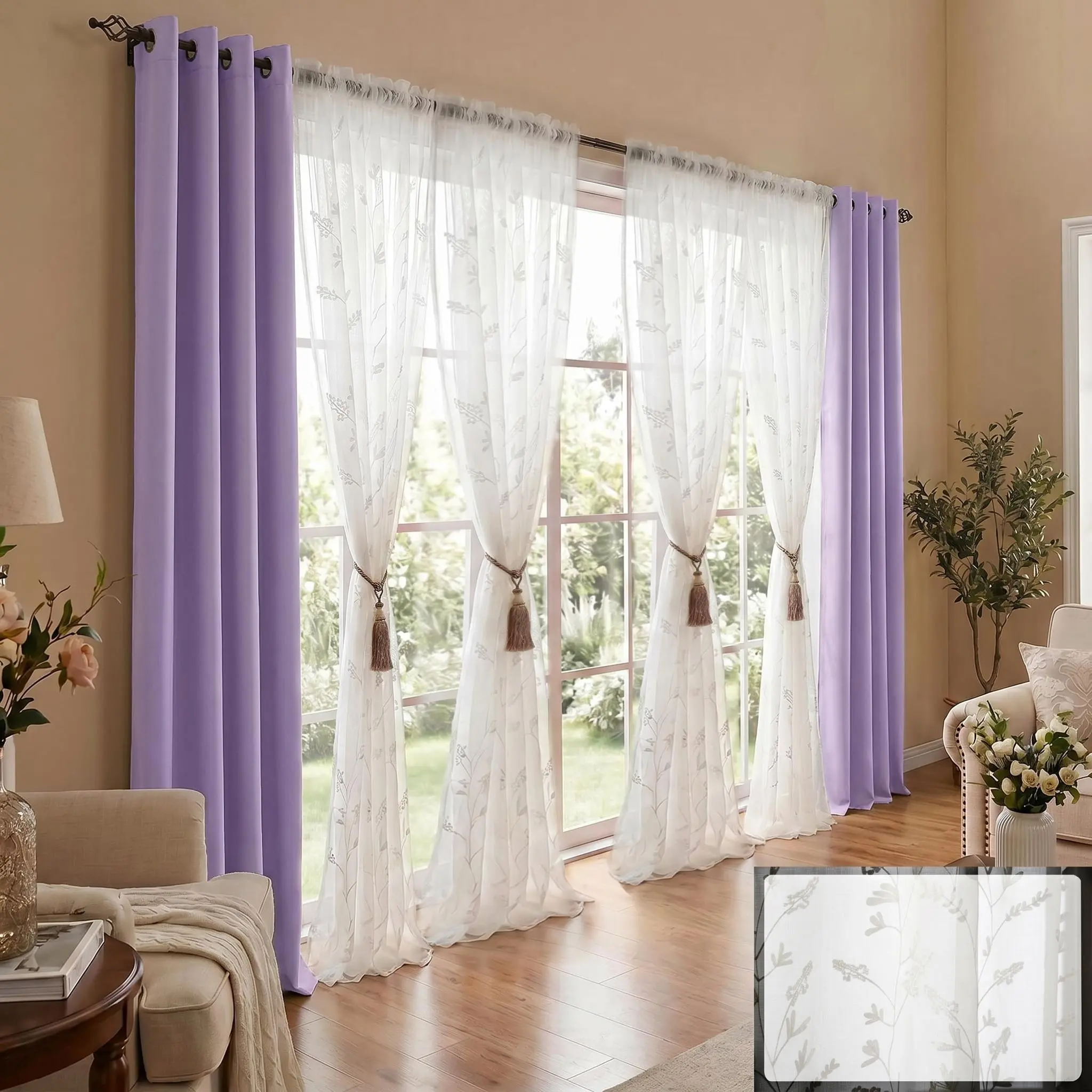 Embroidered Sheer & Blackout Curtains Combo 6-Panel Set (52x84 in) - 2 Grommet Thermal Room Darkening Drapes + 4 Allover Floral Embroidery Rod Pocket Voile Panels, Solid + Embroidery House Decor for Bedroom, Living Room Decorations (QF222 & FT7005)