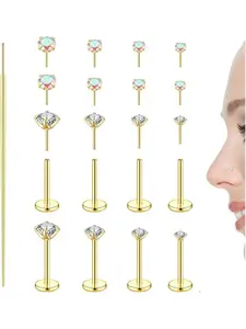 14K Gold Plated Threadless Nose Studs CZ Nose Rings for Women Men 316L Surgical Steel Labret Studs Lip Rings Push in Flat Back Stud Earrings CZ Nose Nostril Tragus Helix Piercing Jewelry Hypoallergenic 20G 18G