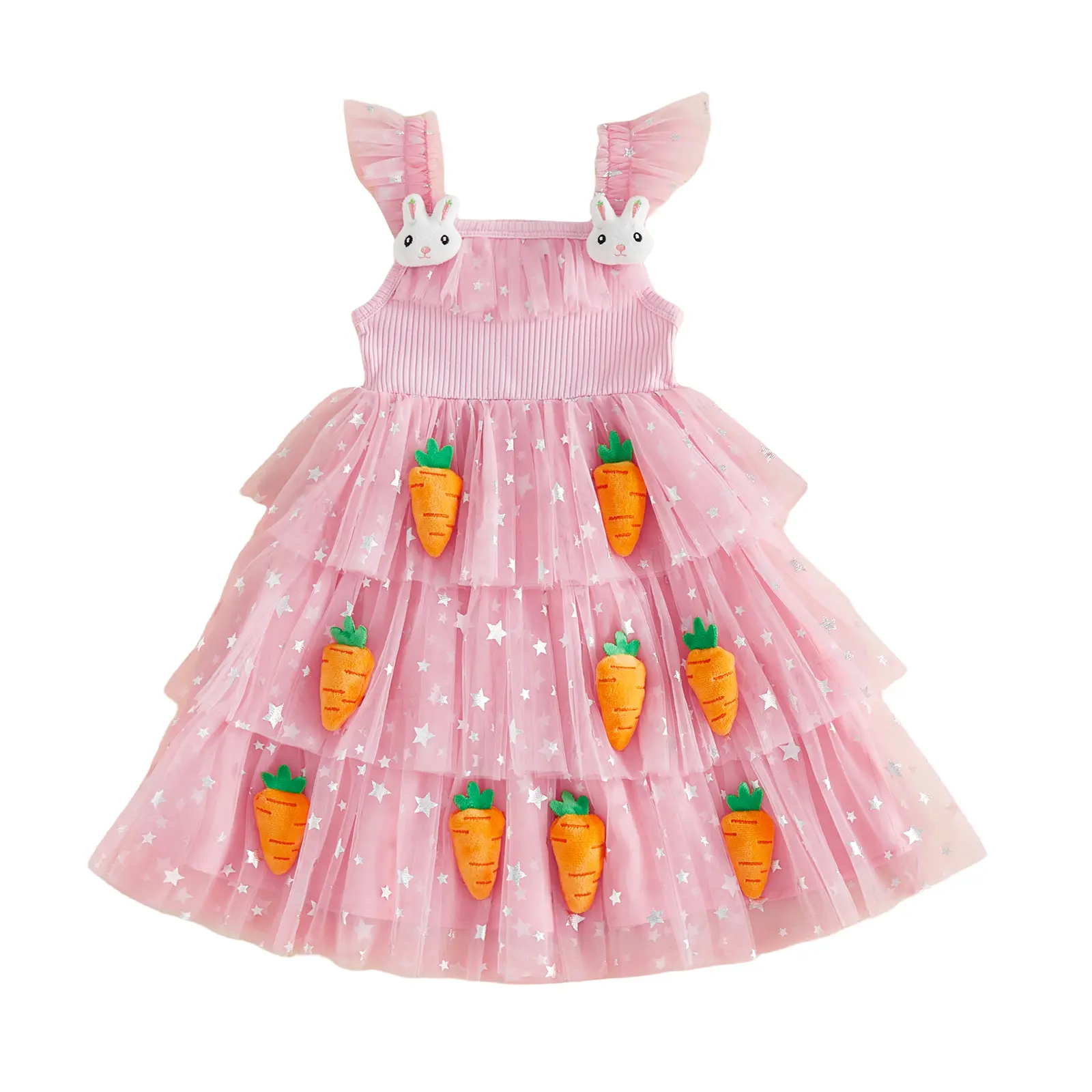 Toddler Girl Easter Dress Flutter Sleeve Carrot Bunny Decor Tulle Tutu Princess Dress Birthday Party Wedding Pageant