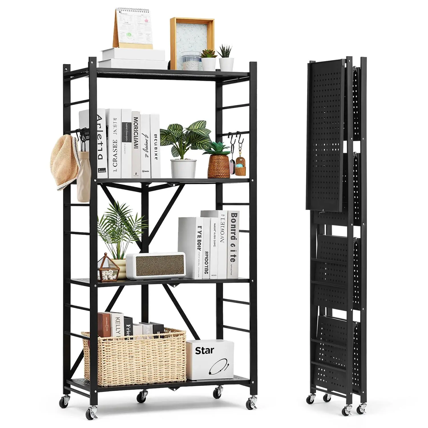 VEVOR 4-Tier Foldable Carbon Steel Rectangle Organiser Shelf, 28W x 13D x 54H in, No-Assembly Portable Floor-Standing Utility Rack with 5 Wheels & 4 Hooks for Garage Organization, Black