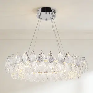 23.6 Inch Modern Chrome Teardrop K9 Crystal Ring Chandelier, 3-Color LED Pendant Light for Dining Room Living Room