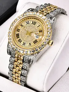 New Elegant Men's Watch Filled With Diamonds For Foreign Trade, Starry Sky Calendar, Quartz Inner Men's Gold Steel Belt Watch, Diamond Wrist Watch, Rhinestone Diamond Watch