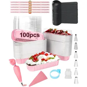 Mini Cake Pans with  and Spoons(100 Pack, , 6.8oz) Disposable Rectangular  Foil Baking Pans with Piping Bags, Tips Set